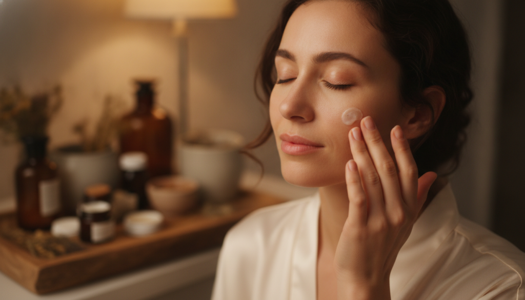 A woman gently applying a small amount of the balm to her face at night with a soft glowing complexion