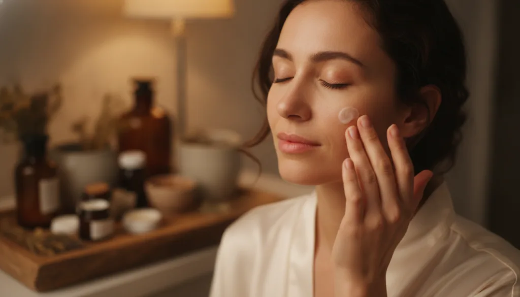 A woman gently applying a small amount of the balm to her face at night with a soft glowing complexion