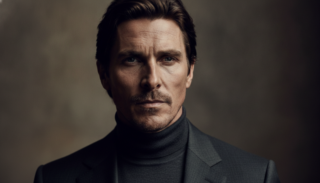 A recent professional portrait of Christian Bale as an adult looking sophisticated and intense
