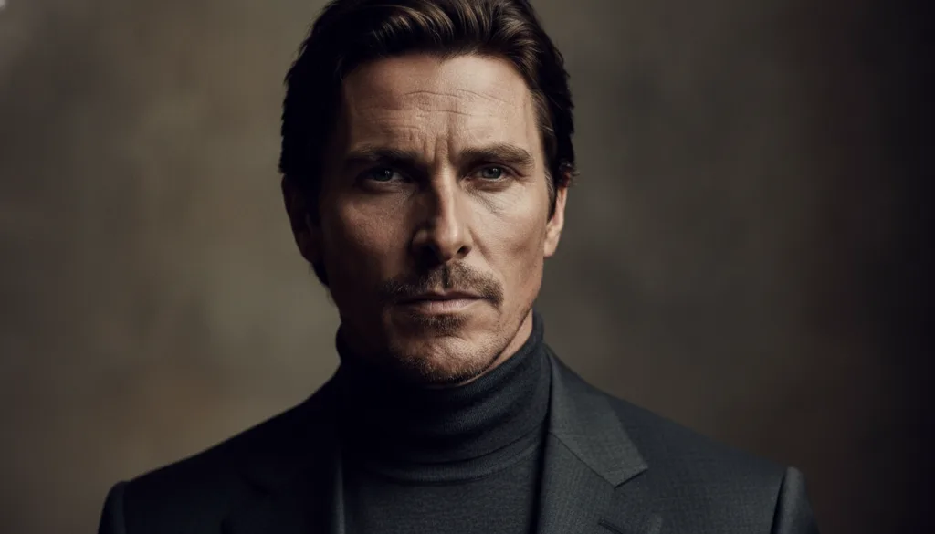 A recent professional portrait of Christian Bale as an adult looking sophisticated and intense