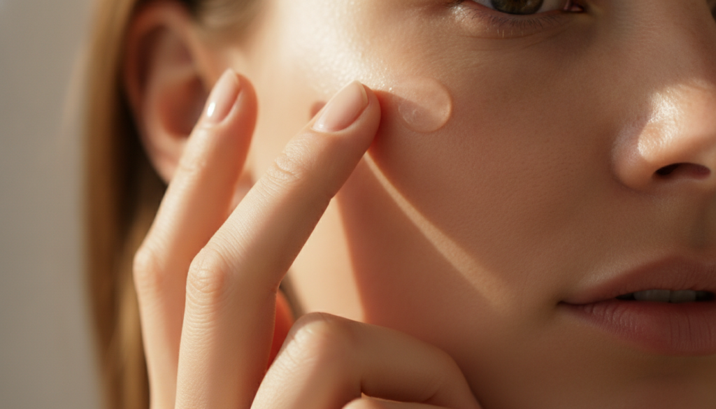 A woman gently applying the homemade Vaseline and Vitamin E balm to her cheek focusing on an area with perceived age spo
