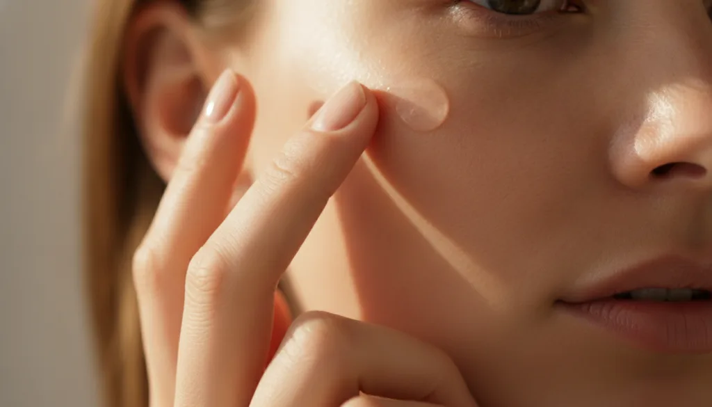 A woman gently applying the homemade Vaseline and Vitamin E balm to her cheek focusing on an area with perceived age spo
