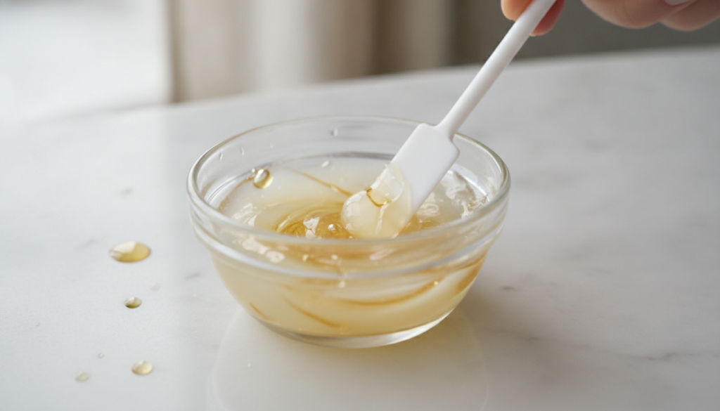A close-up of a small glass bowl with Vaseline and the contents of vitamin E capsules being mixed with a small spatula c
