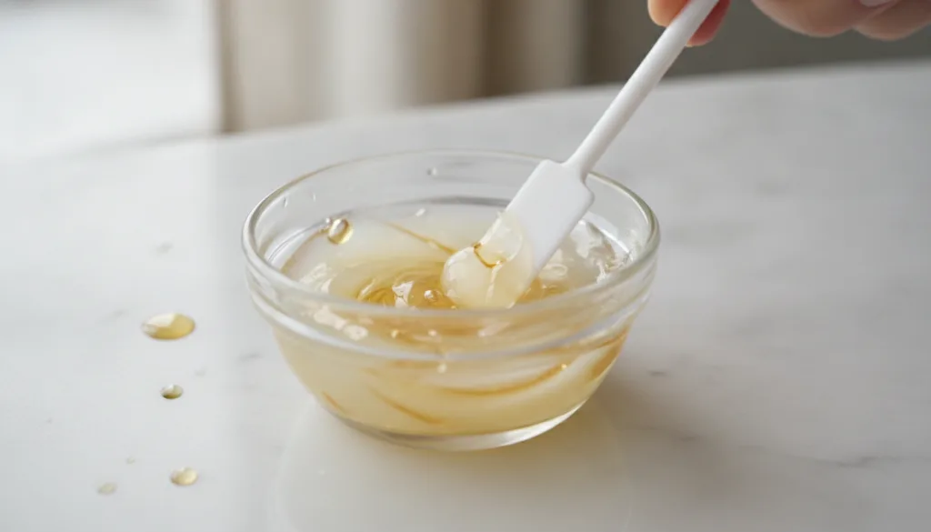 A close-up of a small glass bowl with Vaseline and the contents of vitamin E capsules being mixed with a small spatula c