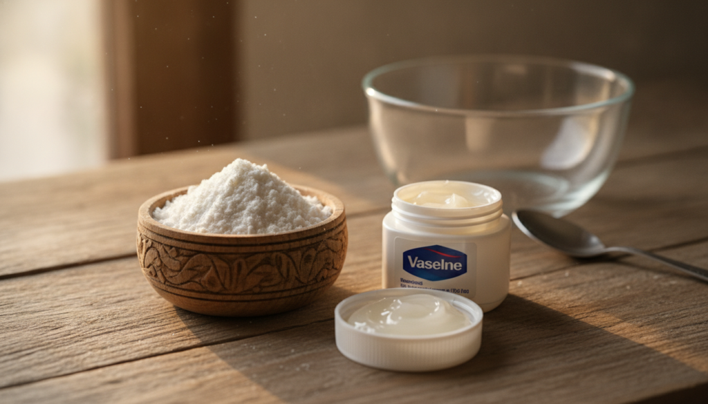 Ingredients for homemade rice collagen balm a bowl of white rice powder a small jar of Vaseline and a small mixing bowl