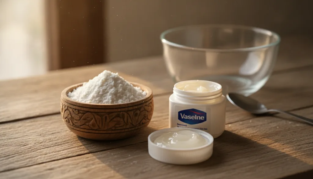 Ingredients for homemade rice collagen balm a bowl of white rice powder a small jar of Vaseline and a small mixing bowl 