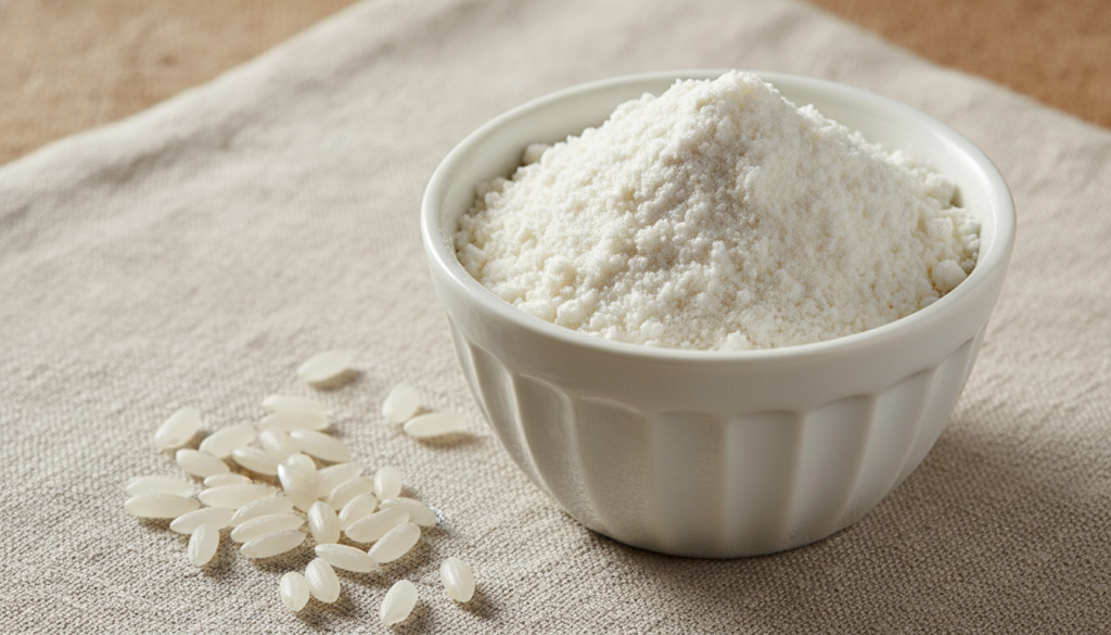 Close-up of finely ground white rice powder in a small elegant ceramic bowl with a few whole rice grains scattered aroun