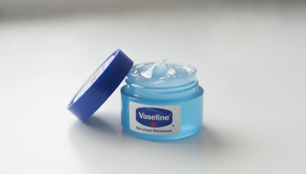 A small iconic blue and white jar of Vaseline petroleum jelly slightly open revealing the clear jelly inside on a clean
