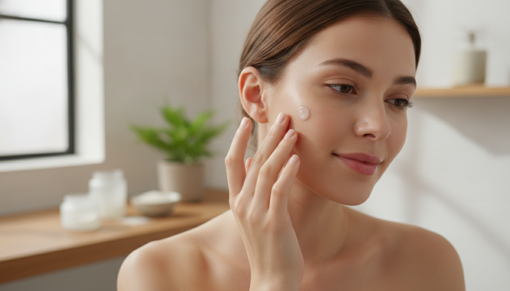 A woman gently applying a small amount of the homemade rice collagen balm to her cheek with her fingertips her skin look