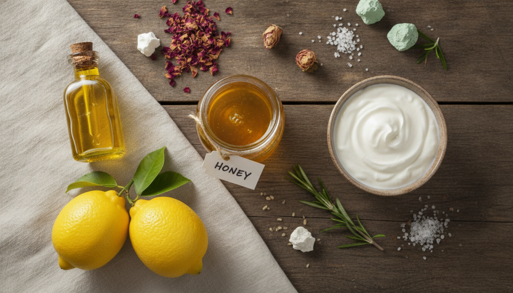 A collection of common natural ingredients used in DIY beauty such as a jar of honey a bowl of yogurt a bottle of olive 
