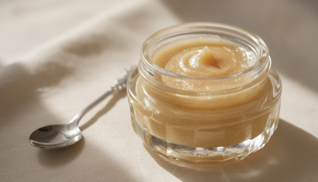 Close-up of a small glass jar filled with a freshly made golden-hued anti-aging balm with a mixing spoon nearby against 