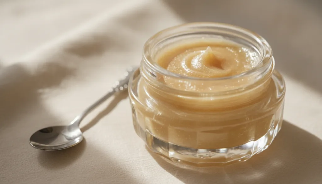 Close-up of a small glass jar filled with a freshly made golden-hued anti-aging balm with a mixing spoon nearby against 