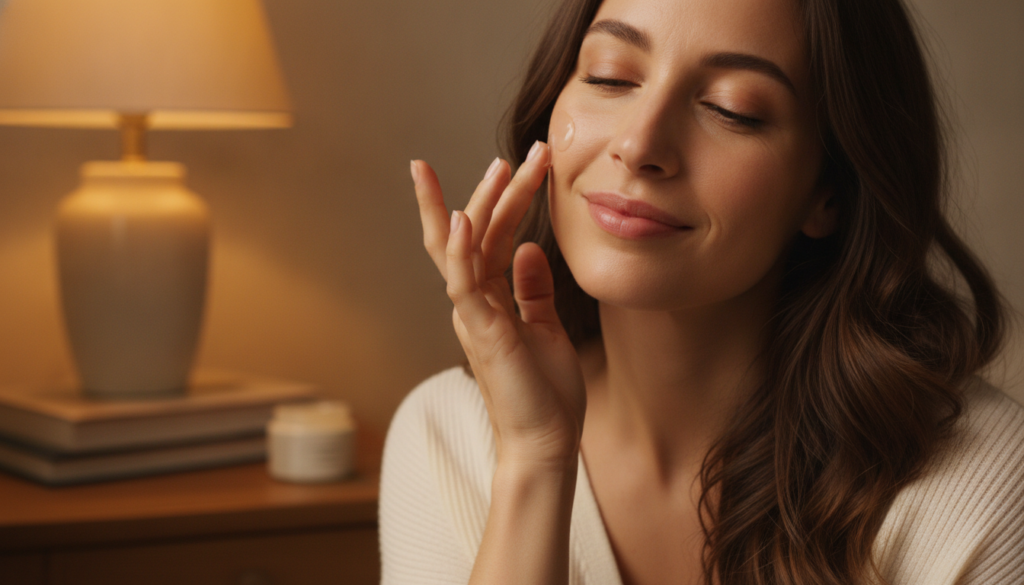 A woman gently massaging a small amount of balm onto her face at night illustrating the application process with a soft 