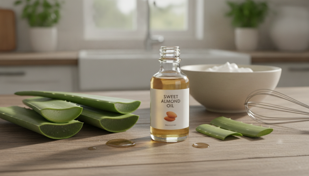 A close-up shot of fresh aloe vera leaves and a small bottle of sweet almond oil with a bowl and a whisk for mixing in t