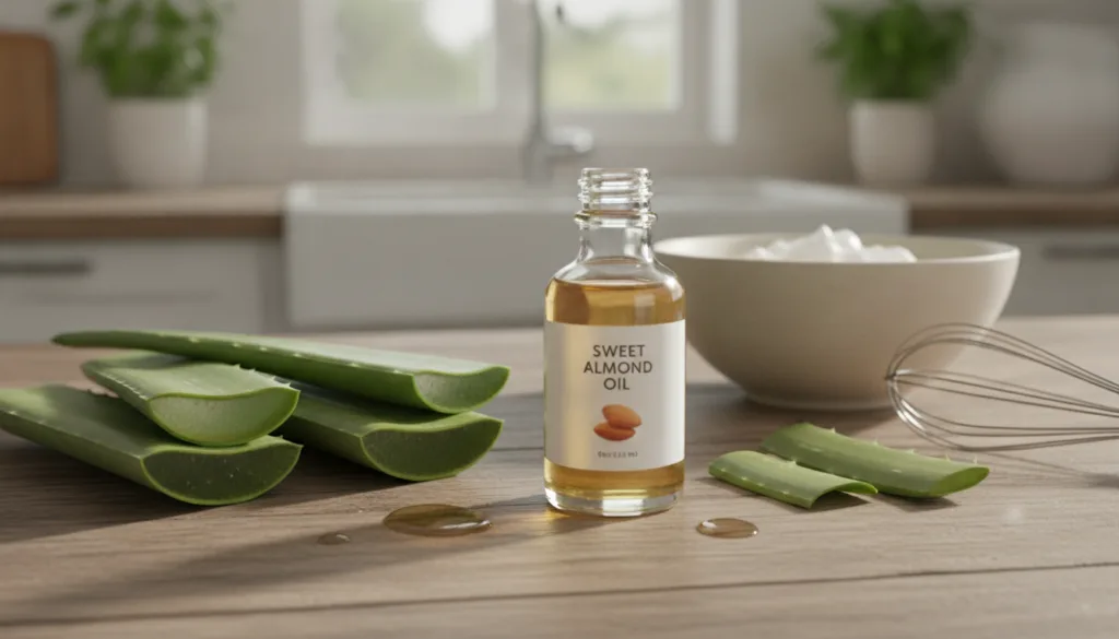 A close-up shot of fresh aloe vera leaves and a small bottle of sweet almond oil with a bowl and a whisk for mixing in t