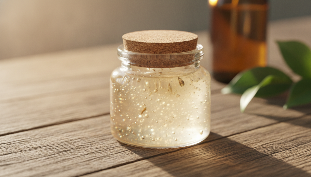 A small clear glass jar filled with the freshly made DIY night repair gel with a smooth translucent texture Perhaps a ge