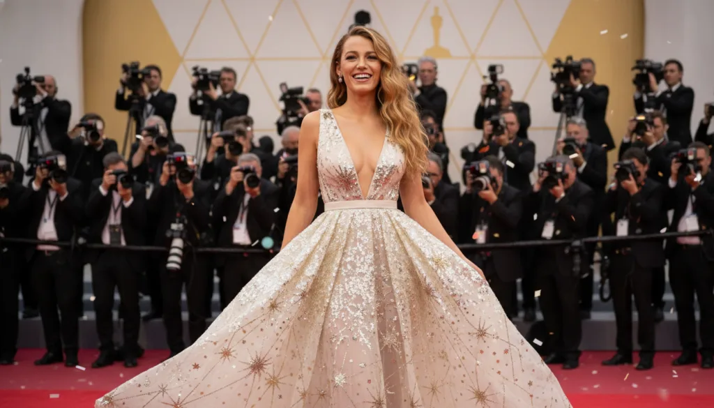 Blake Lively on a red carpet dressed elegantly smiling at the cameras