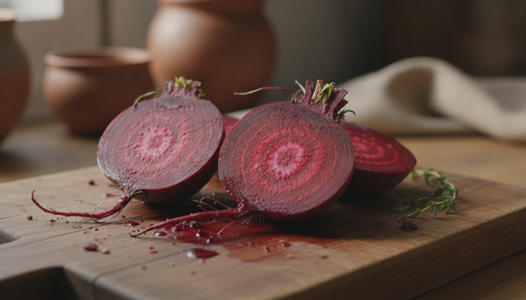 A close-up shot of a sliced beetroot on a wooden cutting board with its rich red juice visible The background is softly 