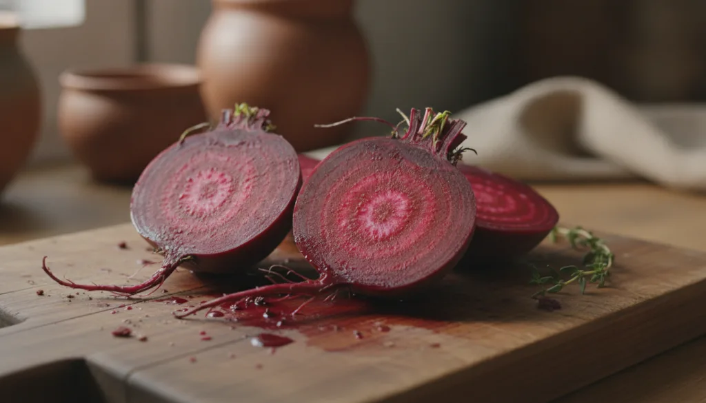 A close-up shot of a sliced beetroot on a wooden cutting board with its rich red juice visible The background is softly 