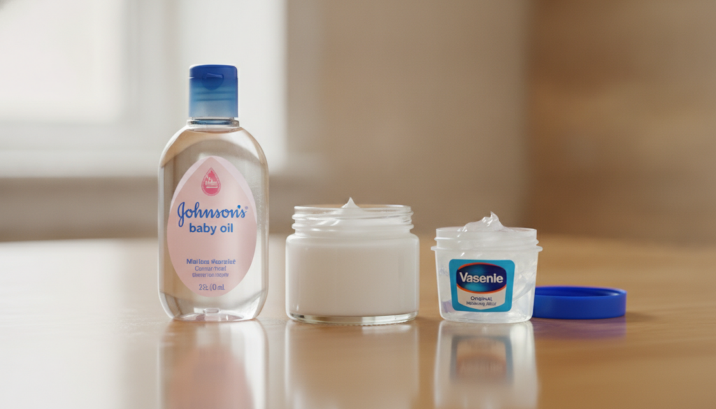 A small glass jar containing a creamy white mixture with a bottle of Johnson s Baby Oil and a tub of Vaseline Original H