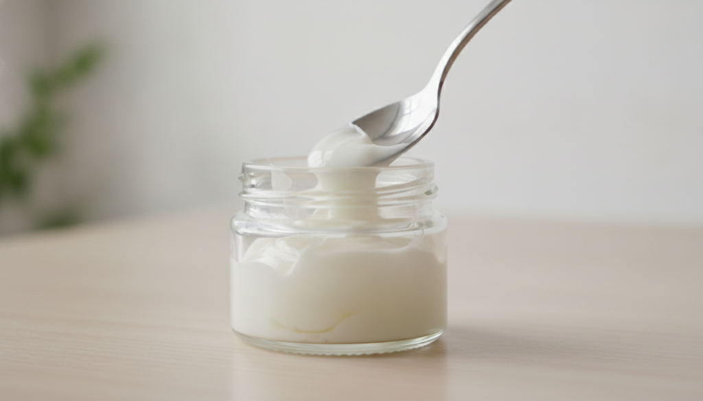 A small clear glass jar containing a mixture of Vaseline and baby oil with a spoon gently stirring it on a clean light-c