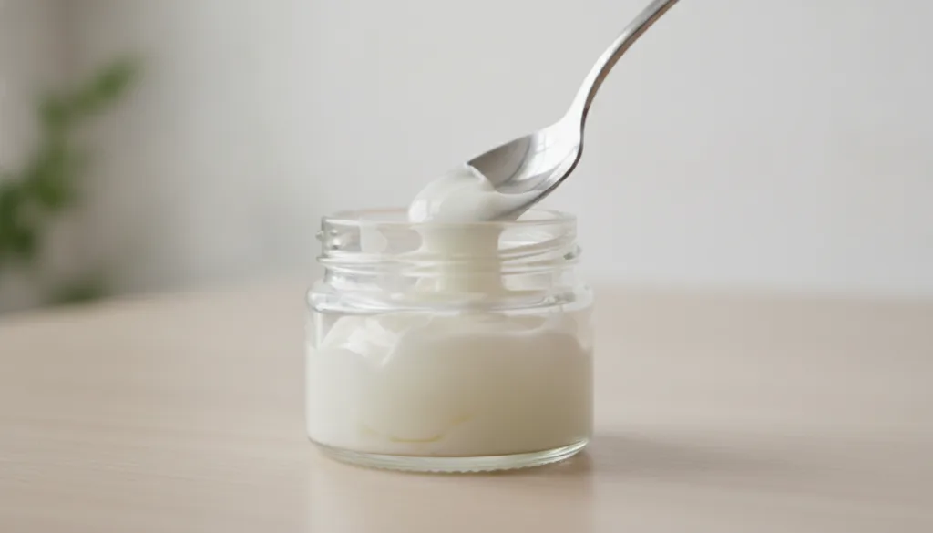 A small clear glass jar containing a mixture of Vaseline and baby oil with a spoon gently stirring it on a clean light-c