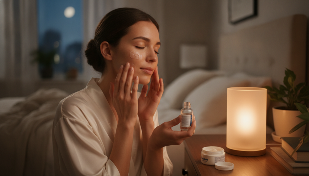 A serene bedroom scene at night with a woman gently applying a small amount of baby oil and Vaseline to her face surroun