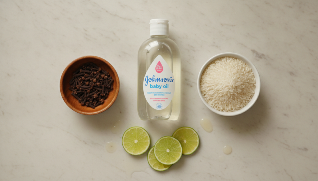 Individual ingredients for the DIY collagen oil laid out on a clean surface a bottle of baby oil whole cloves white rice
