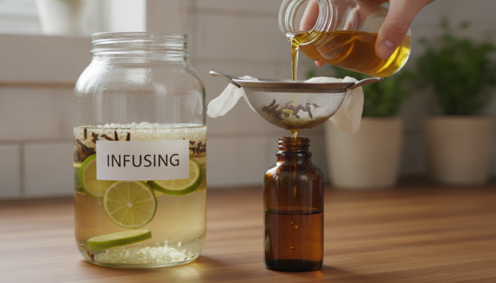 A glass jar filled with baby oil cloves white rice and lime slices infusing Next to it a strained bottle of the finished