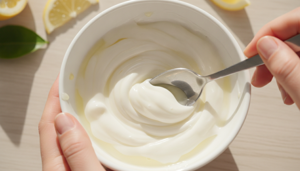 Close-up of a person gently mixing Vaseline and fresh lemon juice in a small bowl with a spoon showing the creamy textur