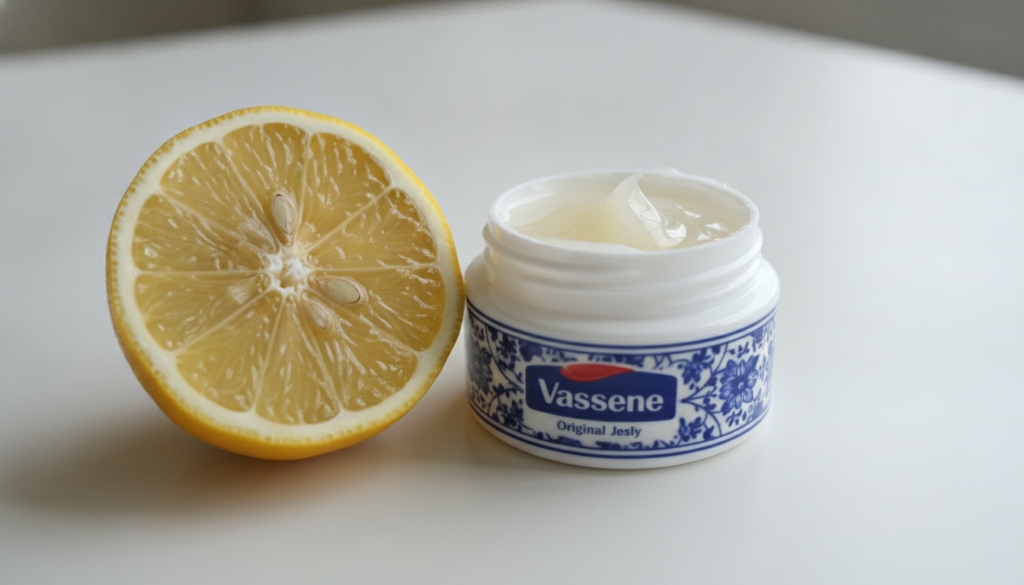A single fresh vibrant yellow lemon cut in half showcasing its juicy pulp next to a classic blue-and-white jar of Vaseli