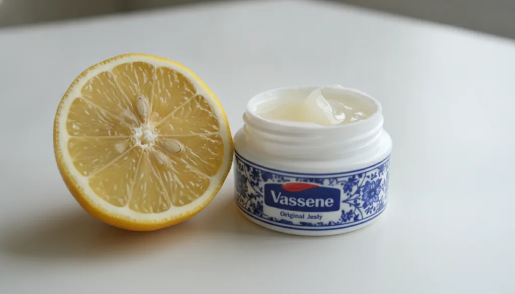 A single fresh vibrant yellow lemon cut in half showcasing its juicy pulp next to a classic blue-and-white jar of Vaseli