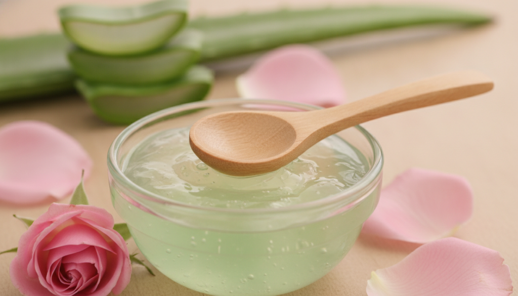 A close-up of a glass bowl with a translucent light green gel mixture a small wooden spoon and fresh aloe vera leaves an