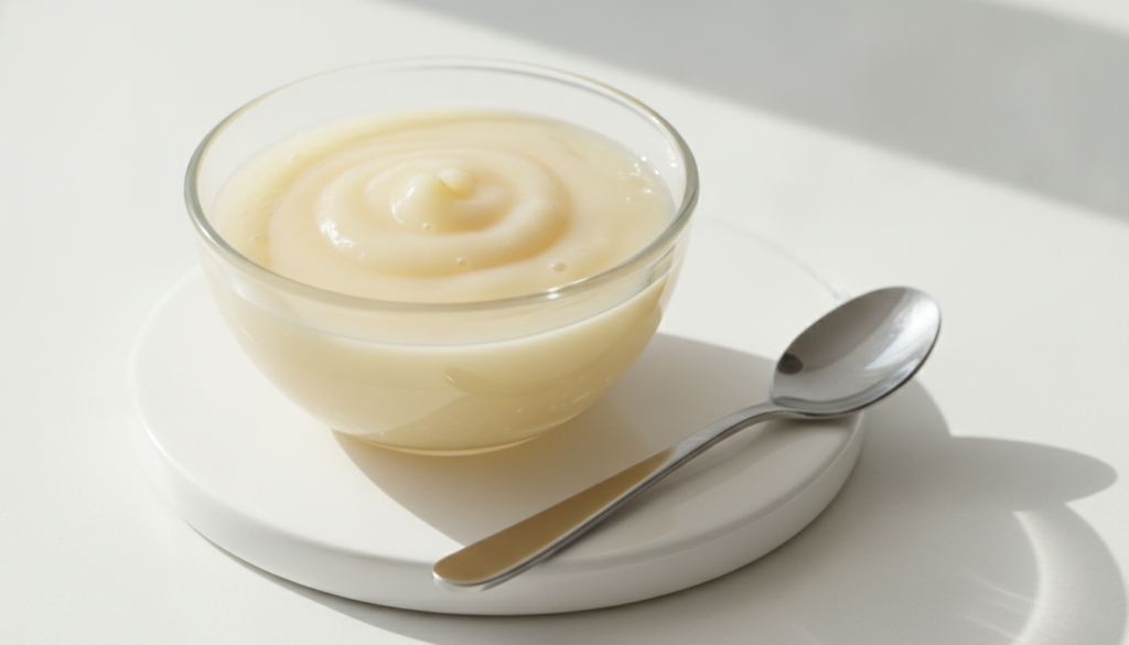 A small glass bowl containing a creamy mixture of Vaseline and baby oil with a small spoon beside it on a clean light su