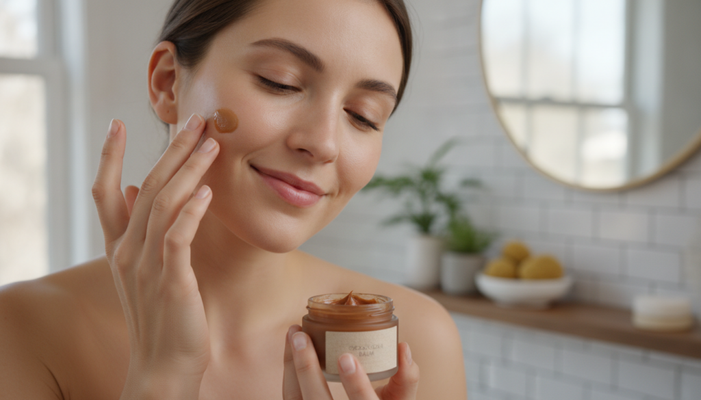 A person gently applying the Cocoa Botox Balm to their face perhaps focusing on the under-eye area or forehead showing s