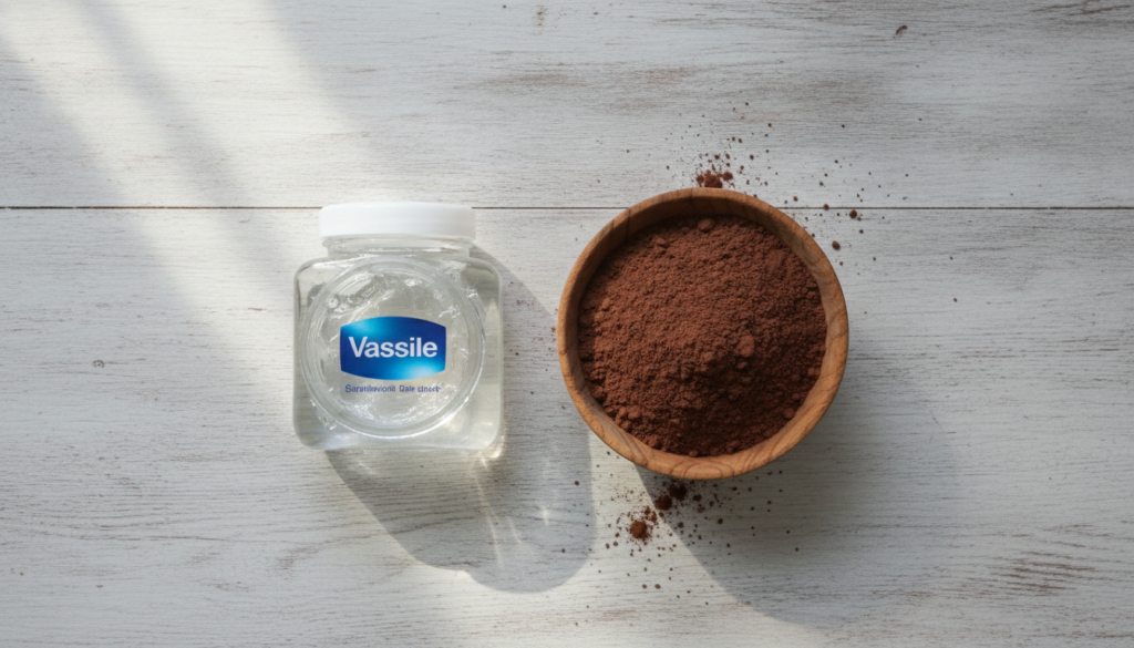Ingredients for the Cocoa Botox Balm a jar of Vaseline and a small bowl of unsweetened cocoa powder perhaps with a mixin