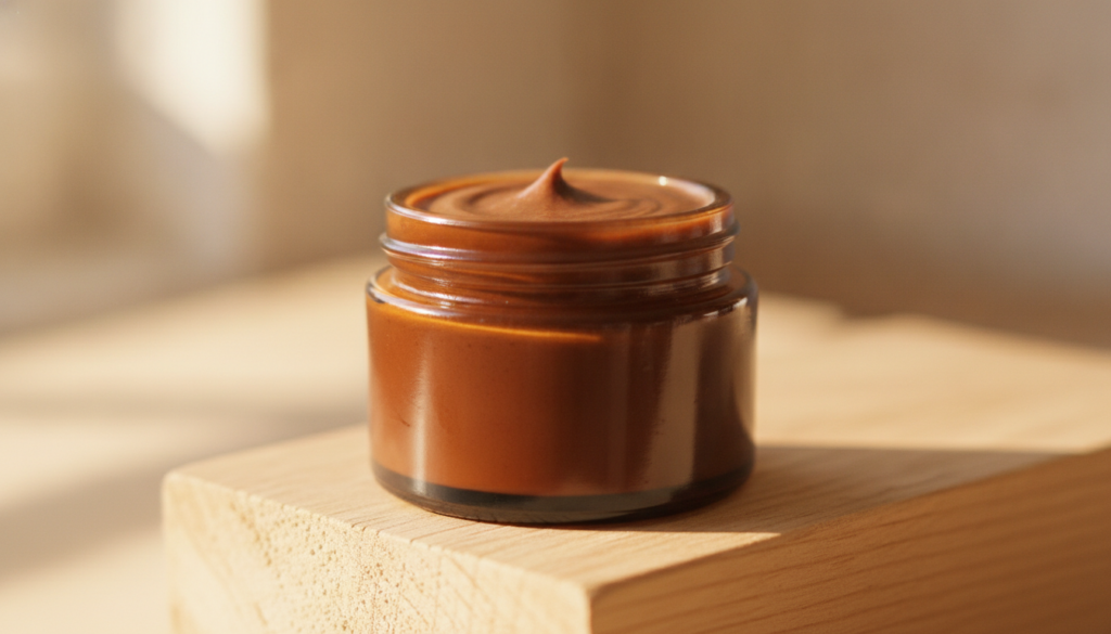 A close-up shot of a small elegant jar filled with the homemade Cocoa Botox Balm with a soft warm glow The texture of th