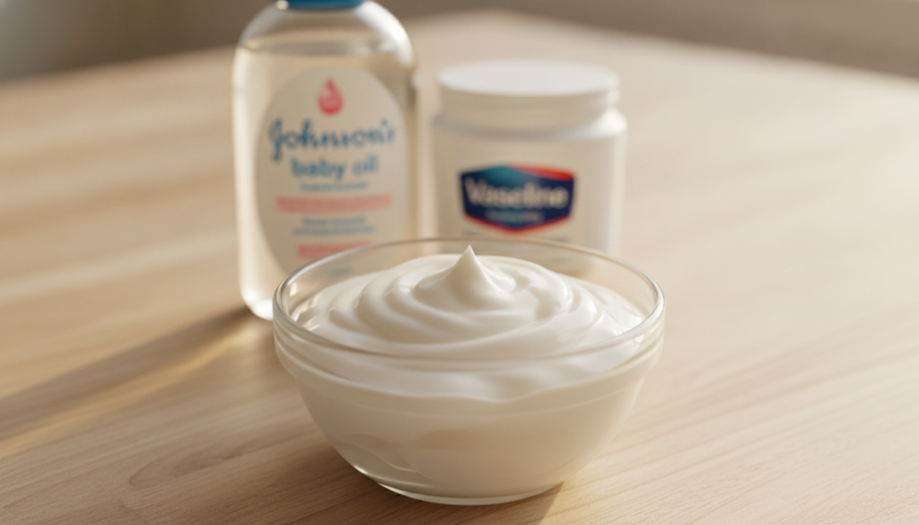 A close-up shot of a small bowl containing a creamy mixture with a bottle of Johnson s baby oil and a jar of Vaseline He