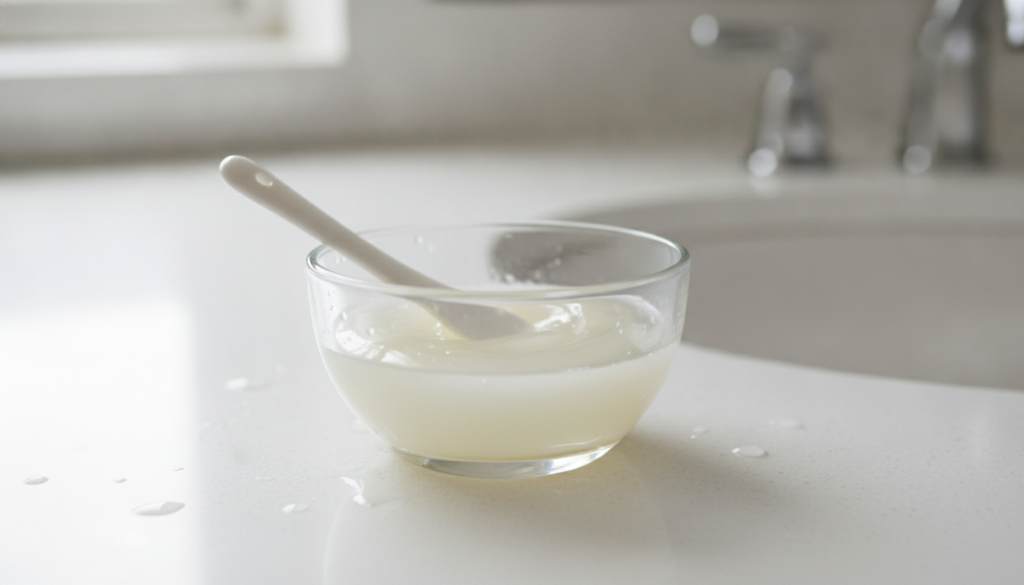 A small clear glass bowl containing a smooth creamy mixture of Vaseline and baby oil A small spatula or spoon is resting