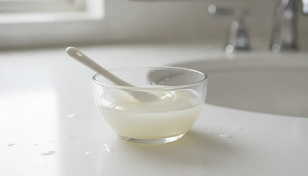 A small clear glass bowl containing a smooth creamy mixture of Vaseline and baby oil A small spatula or spoon is resting