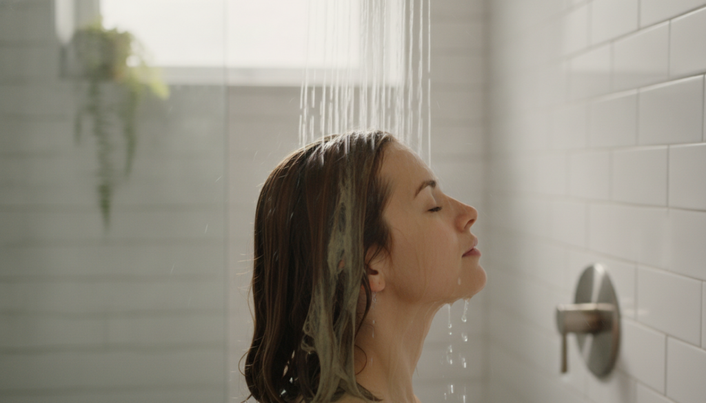 A woman rinsing her hair under a shower with some of the brownish-green paste visibly washing out showing clean refreshe