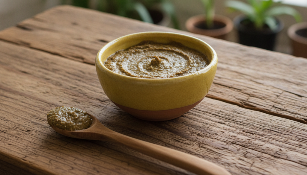 A small yellow bowl filled with a thick brownish-green hair paste next to a spoon or mixing utensil
