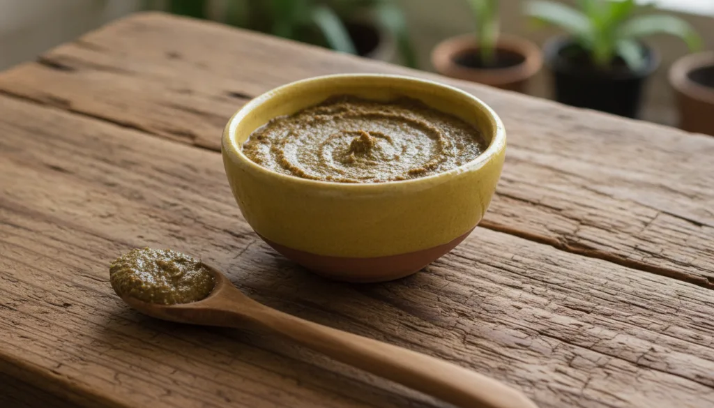 A small yellow bowl filled with a thick brownish-green hair paste next to a spoon or mixing utensil