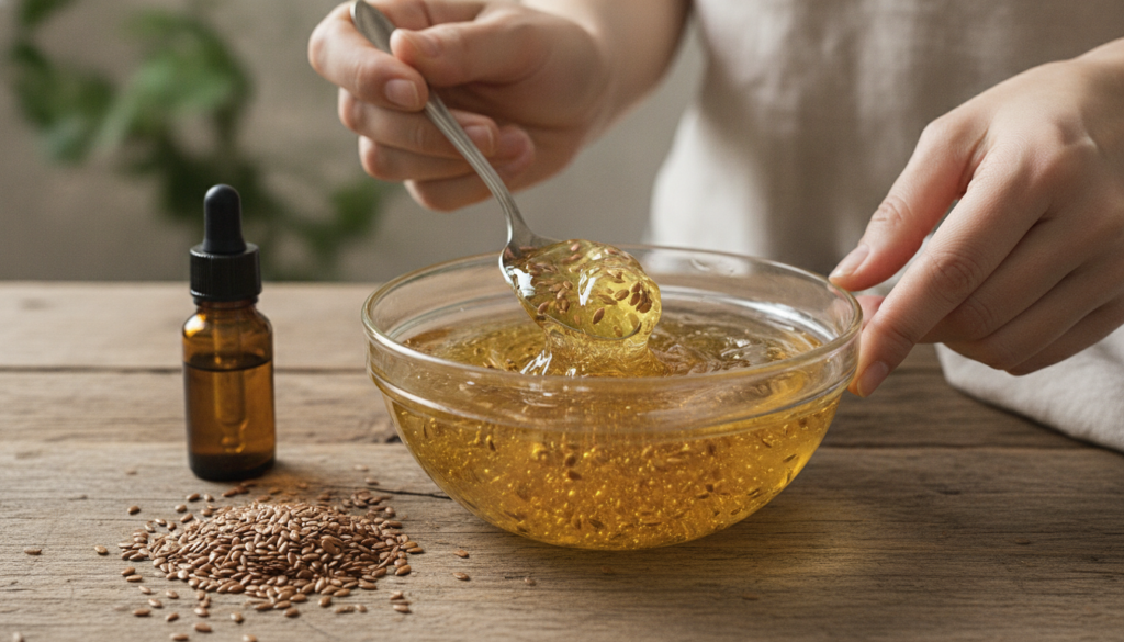 A close-up of a person s hands mixing a translucent slightly yellowish gel in a clear glass bowl Flaxseeds and a small b