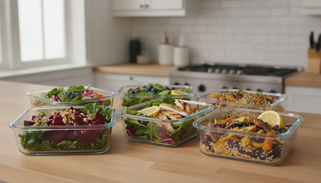 A vibrant healthy meal prep scene with various containers filled with dishes featuring beets leafy greens walnuts and le