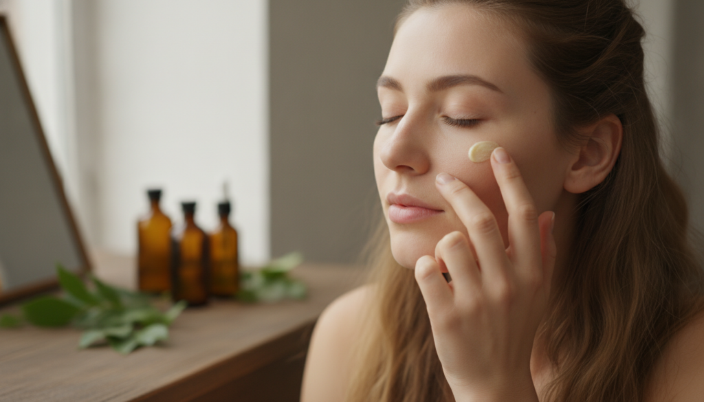 A woman gently applying a small amount of the DIY Vaseline Vitamin E balm to her face targeting an area with fine lines