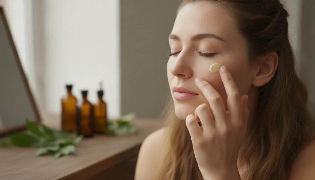 A woman gently applying a small amount of the DIY Vaseline Vitamin E balm to her face targeting an area with fine lines