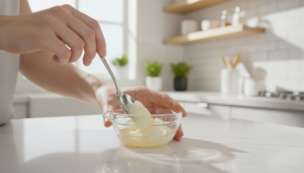 Hands mixing Vitamin E oil extracted from capsules with Vaseline in a small glass bowl with a spoon
