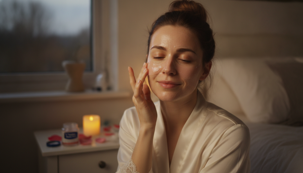 A woman gently applying a thin layer of the pink DIY Vaseline mask to her face before bed looking refreshed and calm