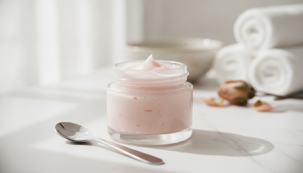 A small clear glass jar filled with the prepared light pink Vaseline and rose water mixture with a small mixing spoon ne